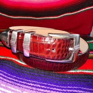 Genuine calfskin cognac leather belt with three-piece silver trim NWOT sz 32